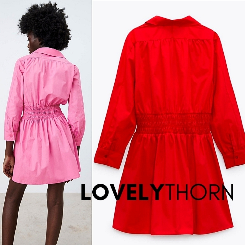 ZARA // retro-chic red poplin collar smock waist long sleeve plunge mini dress - Picture 16 of 16